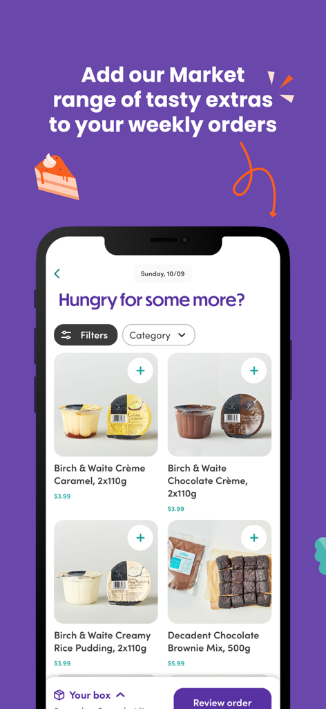 Dinnerly: Meal Kit - Dinnerly app screen showing extra dessert and snack options like brownie mix and rice pudding that can be added to a weekly meal kit order