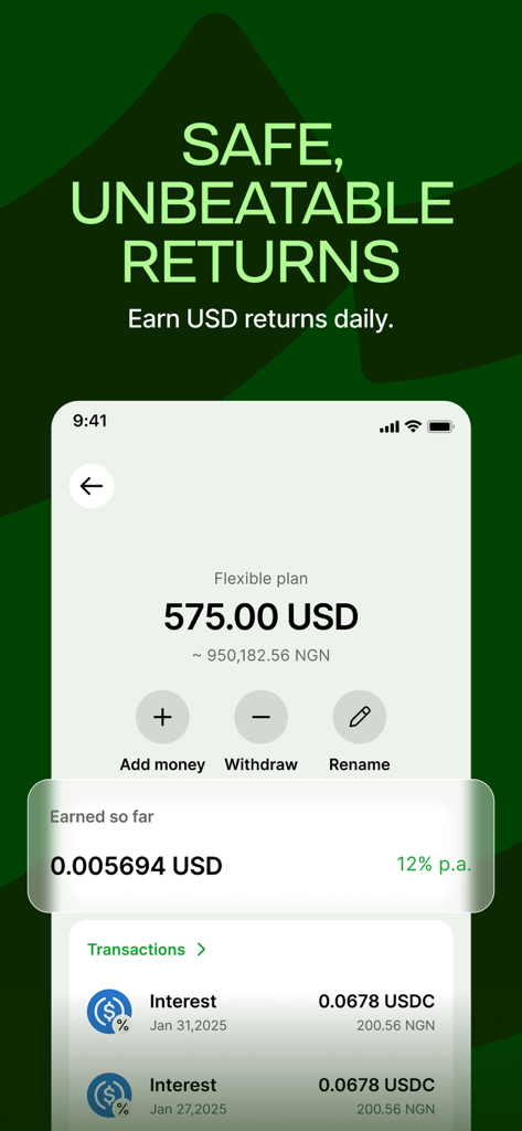 Busha: Trade BTC, ETH, SHIB - Capture d'écran de l'application mobile Busha montrant un plan d'épargne flexible avec un solde en USD et des rendements d'intérêts quotidiens.