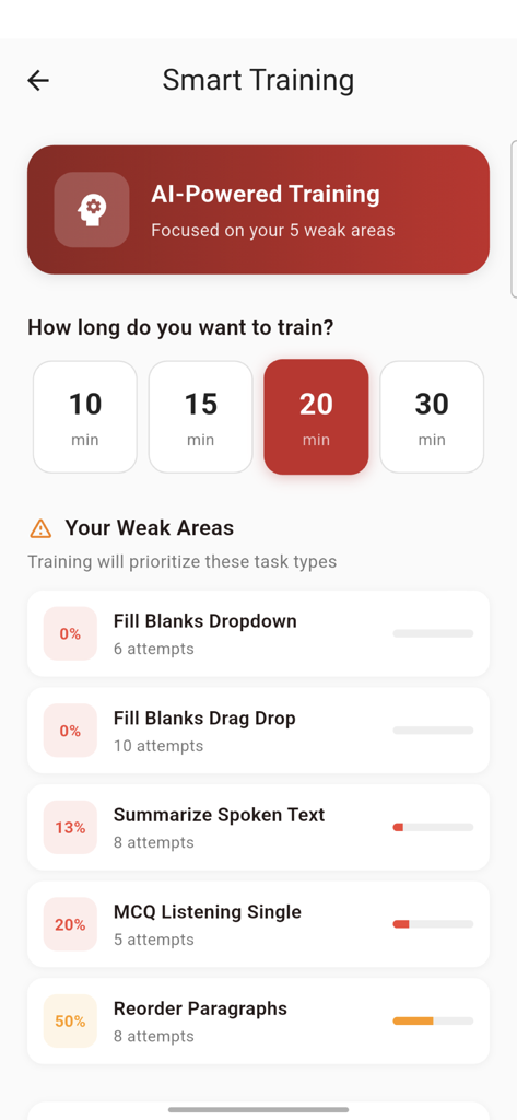 PTE Core 2026 Mock Exam - Smart training screen in the PTE Core app showing AI analysis of weak study areas and practice duration options
