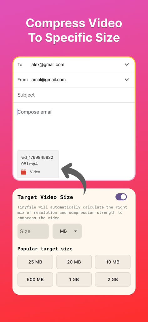 Compress Videos to Any Size - Eine mobile App-Oberfläche, die zeigt, wie ein Video auf eine bestimmte Größe wie 25 MB für einen E-Mail-Anhang komprimiert wird.
