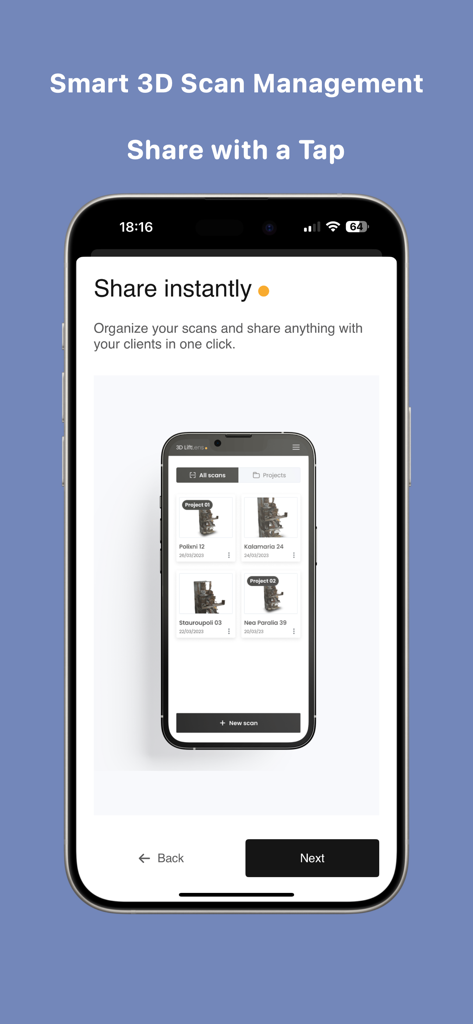 3DLiftLens - Interface of 3DLiftLens app showing the smart 3D scan management and instant sharing feature for elevator shaft projects