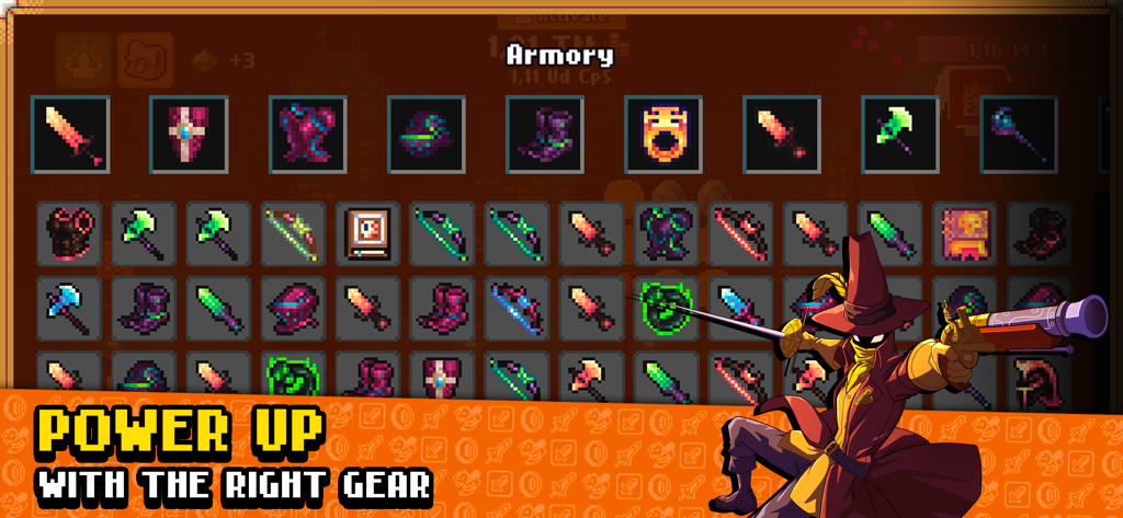 Idle Slayer - Tela da armaria do jogo Idle Slayer mostrando armas e armaduras em arte pixelada para melhorias de herói