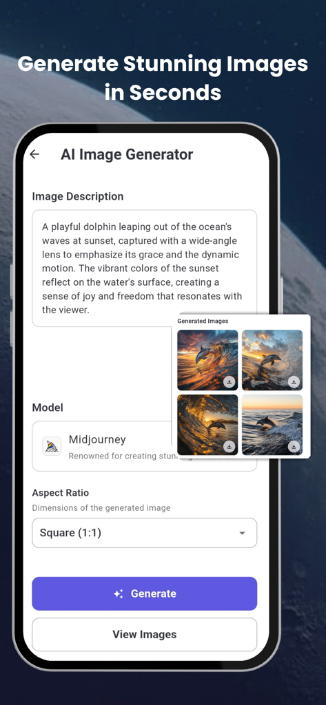 Galaxy.ai mobile app interface for AI image generation with a text prompt and Midjourney model selected