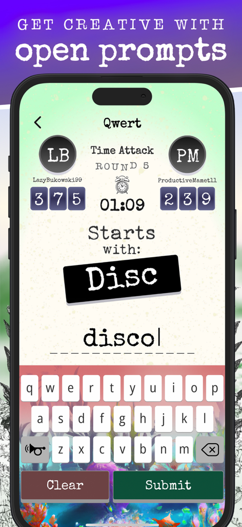 Uma partida multijogador de Ataque de Tempo no jogo de palavras Qwert apresentando uma interface de máquina de escrever vintage e um prompt aberto para palavras que começam com 'Disc'.