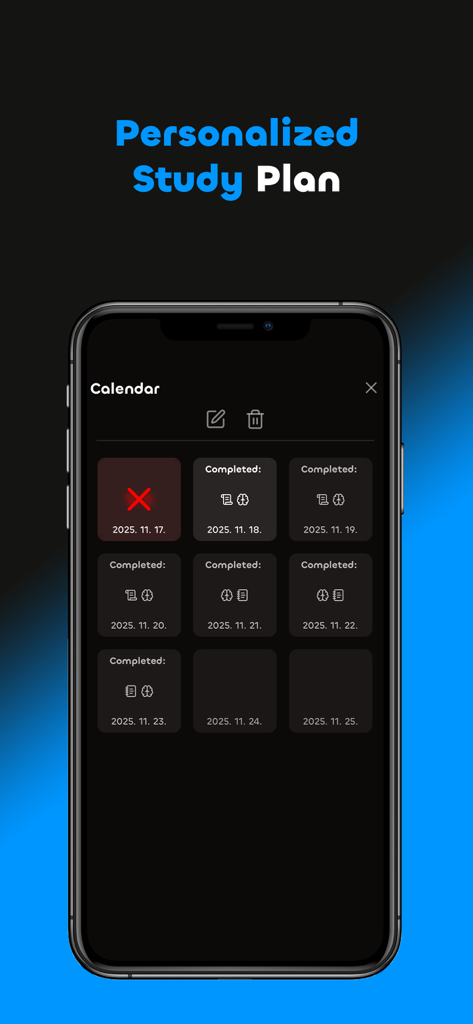 Skillion: Study Smarter - Captura de pantalla de la aplicación Skillion que muestra un calendario de plan de estudio personalizado con sesiones de estudio completadas en la pantalla de un iPhone.