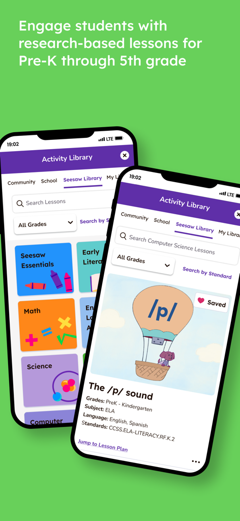 Seesaw app Activity Library showing research-based lessons for elementary students