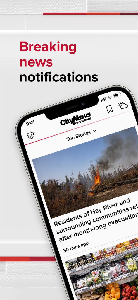 CityNews - A smartphone screen showing the CityNews app with breaking news notifications and local articles