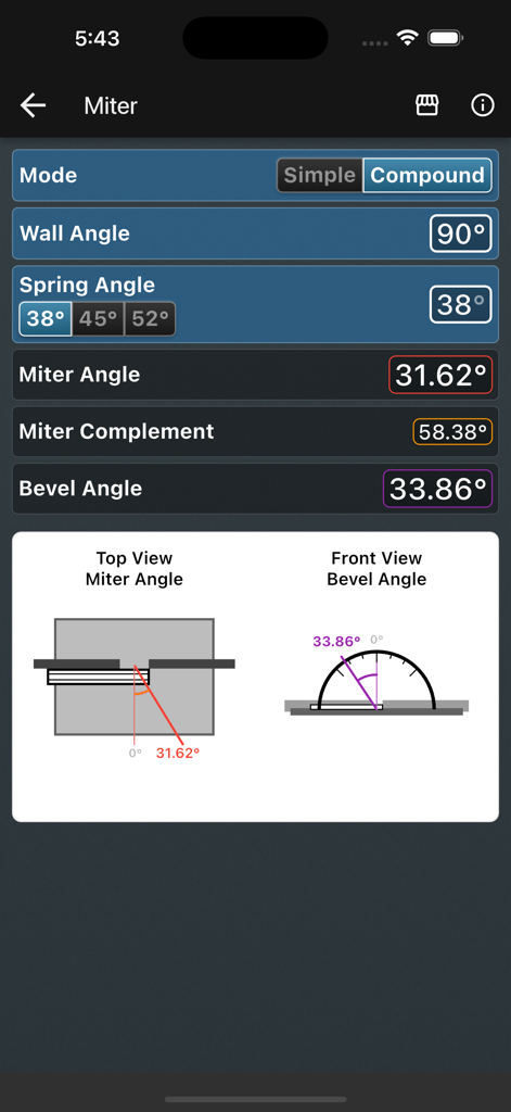 Capture d'écran de l'application de construction montrant des calculs d'angles d'onglet composés avec des angles muraux et de ressort et des diagrammes de coupe visuels.
