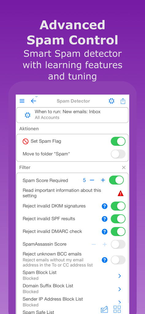 AltaMail mobile app interface showing advanced spam control and security settings