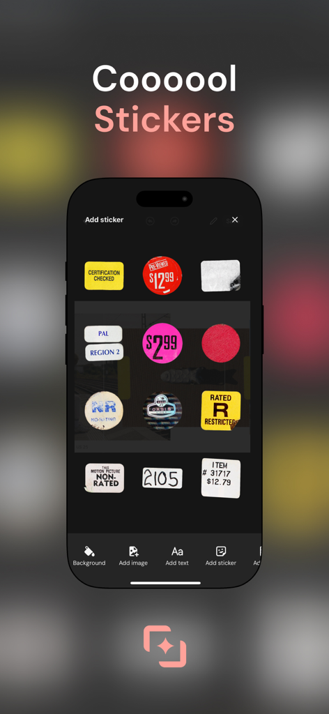 Collagio: Photo Collage Editor - A screenshot of the Collagio app showing a variety of trendy vintage-style stickers like price tags and movie ratings for photo editing.