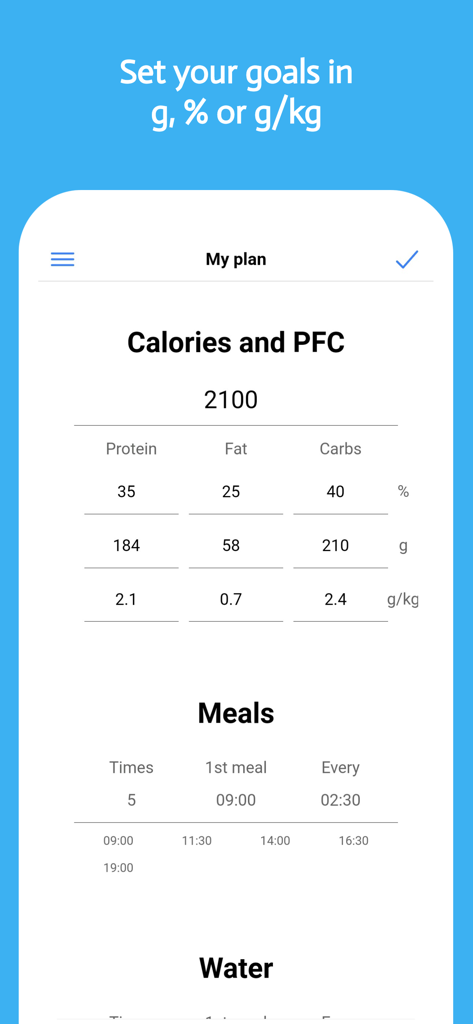 EatFit | Calorie counter - Interface d'application mobile montrant les paramètres d'objectifs de calories et de macros avec un suivi en grammes par kilogramme et la fréquence des repas.