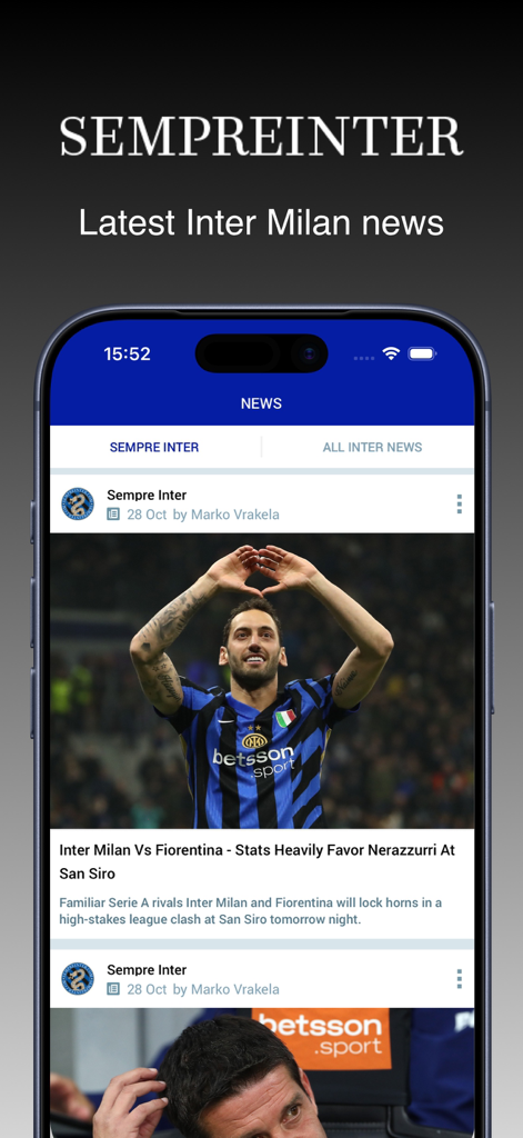 Sempre Inter mobile app displaying the latest Inter Milan football news and match analysis.