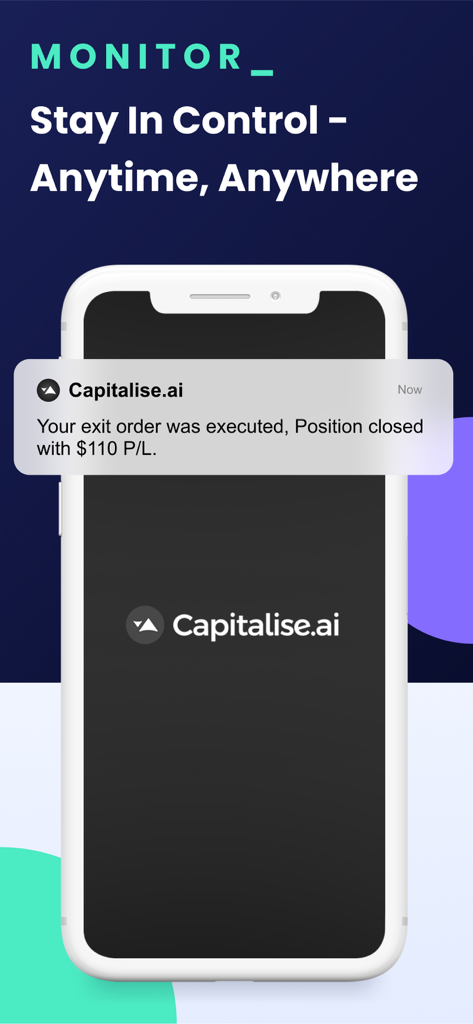 A smartphone screen showing a Capitalise.ai notification for a closed trading position with profit