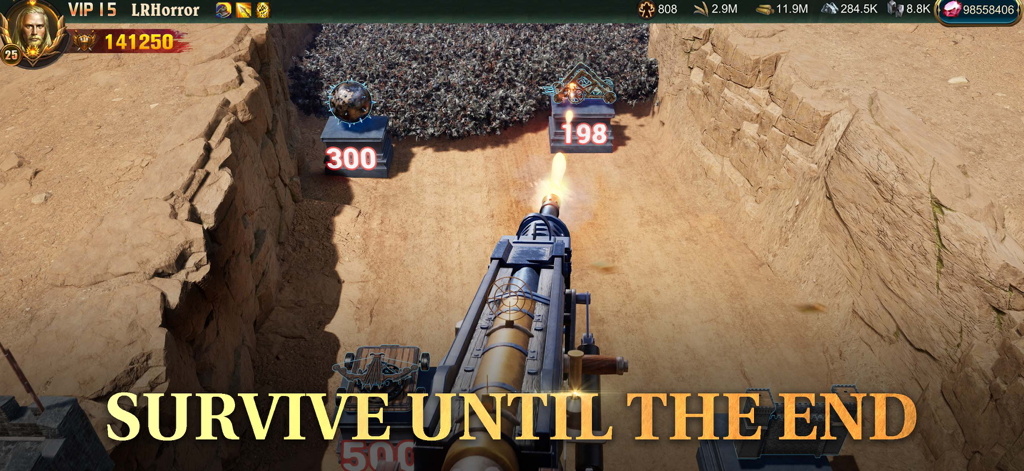 First person view of a cannon firing at a swarm of enemies in a desert canyon in the War and Order mobile game