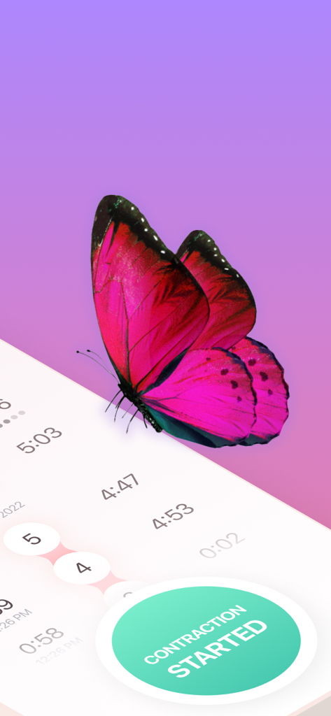 Interface of the Contraction Timer 9m app featuring a pink butterfly and a large green button labeled contraction started