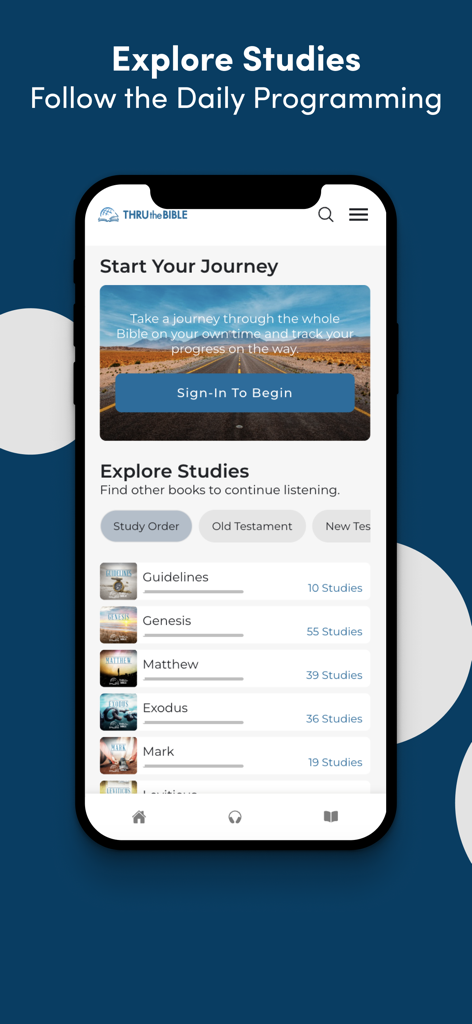 THRU the BIBLE App - THRU the BIBLE app interface displaying the Explore Studies screen with a list of Bible books and a sign in button
