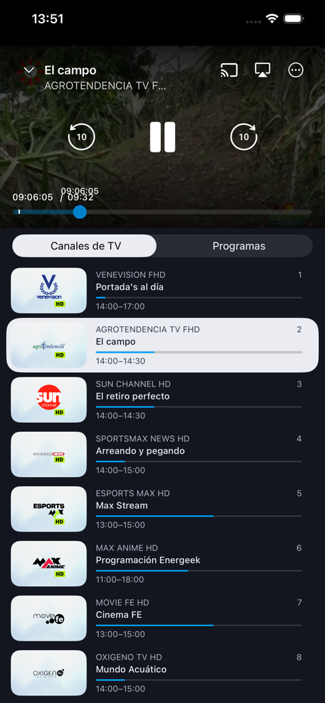 Movistar GO - Una captura de pantalla de la aplicación Movistar GO que muestra una transmisión de TV en vivo y una lista de canales disponibles como Venevisión y Sun Channel