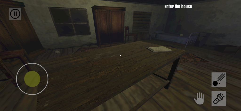 Escape Room : Keep Awake - First person view of a dark eerie room with a wooden table and bed in the horror game Escape Room Keep Awake