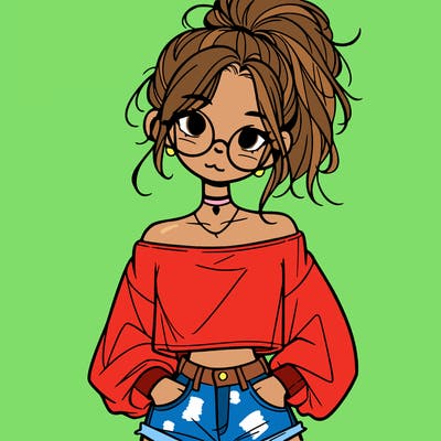 girl with a messy ponytail glasses a baggy crop top and jean shorts