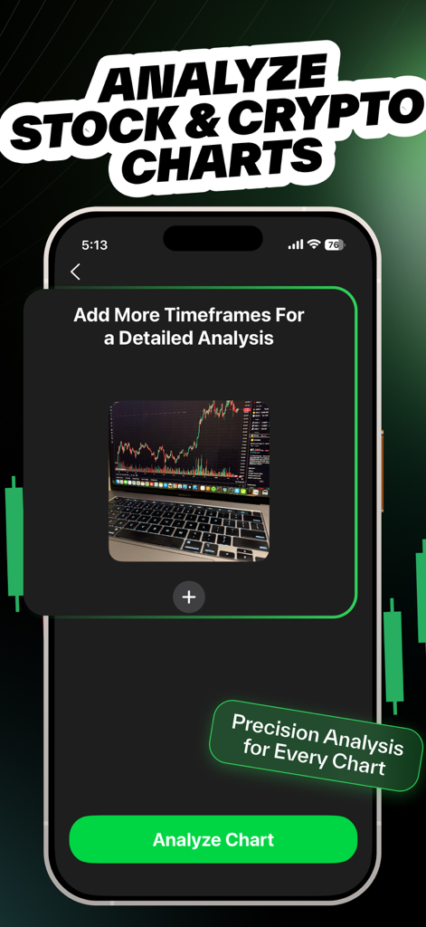 Trade AIモバイルアプリのインターフェース。AI分析のために準備されたトレーディングチャートのスクリーンショットが表示されています。