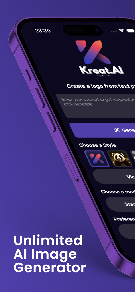 Kreat.AI Image Generator - Kreat AI app interface on an iPhone showing text to image prompt and style selection options