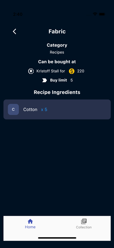 DLVGuide for Dreamlight - Fabric crafting recipe page showing ingredients and purchase location