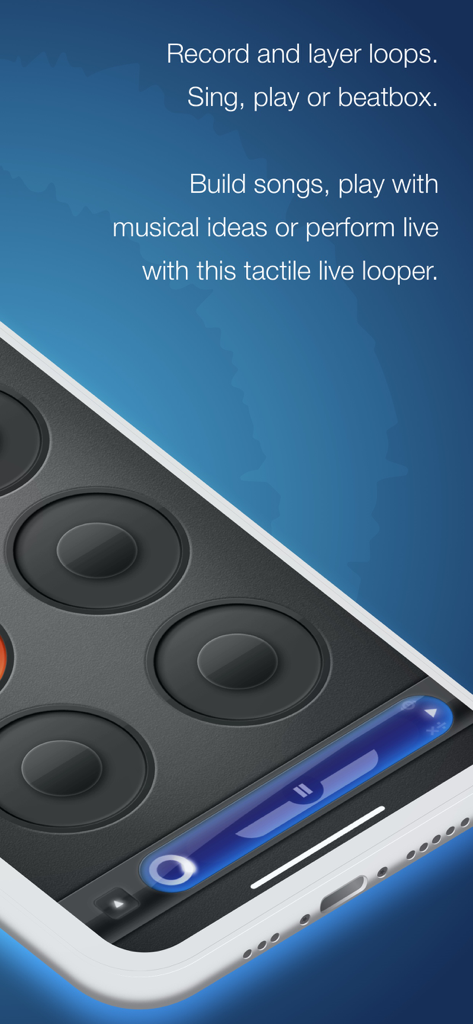 Interface of the Loopy HD app showing circular pads for recording and layering music loops on a smartphone