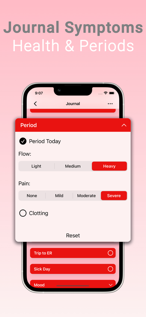 ENdi: Endometriosis Management - Interface of the ENdi app showing symptom journaling for period flow and severe pain levels.