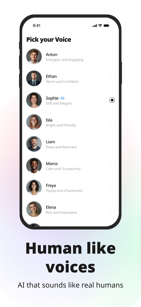 Koto AI Reader: Text To Speech - Un menú en la aplicación Koto AI Reader que muestra una selección de voces de IA naturales y similares a las humanas con diferentes descripciones de personalidad.