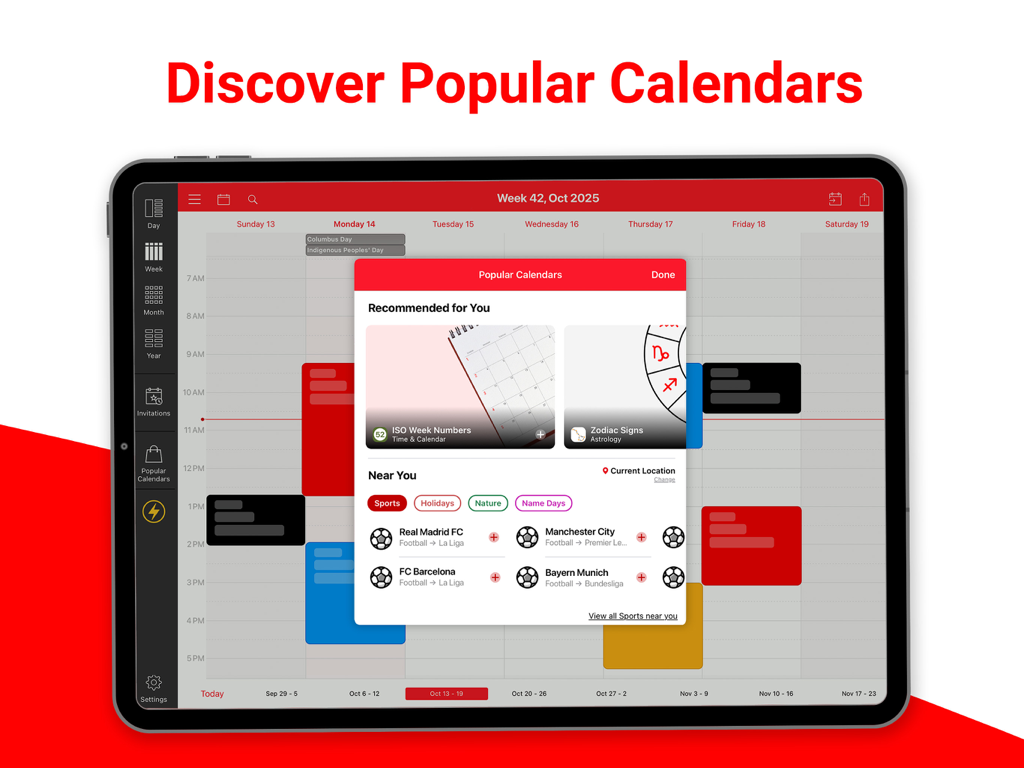 WeekCal für iPad-Oberfläche mit der Überlagerung "Beliebte Kalender entdecken" für Sport- und Feiertagspläne.