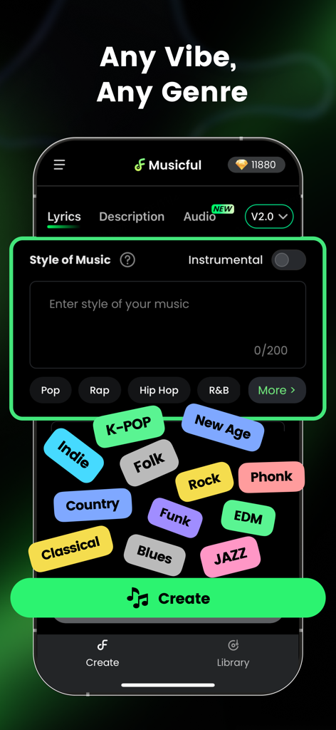 AI Song Generator - Musicful - Interfaz de la app Musicful mostrando diversos géneros musicales como Pop Rap y Phonk para la creación de canciones con IA