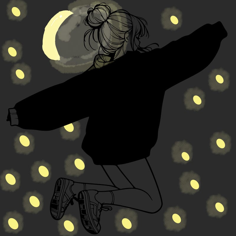 realistic girl jumping with a bun and oversized sweatshirt