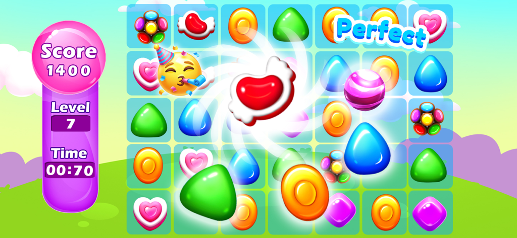 A match-3 puzzle level in Gummy Candy Master featuring colorful gummies, a score of 1400, and a perfect combo animation.