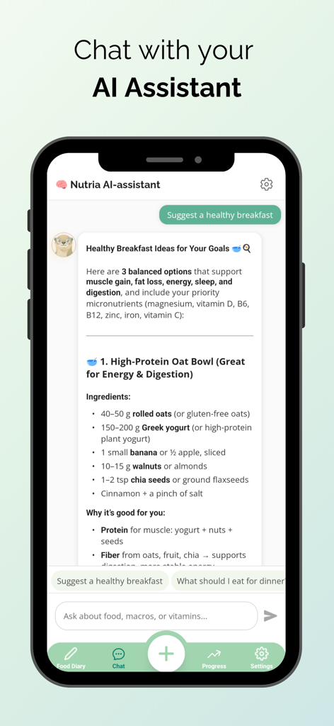 Nutria: Food & Vitamin Tracker - L'assistente AI di Nutria che fornisce una ricetta personalizzata per la colazione ad alto contenuto proteico in un'interfaccia di chat.
