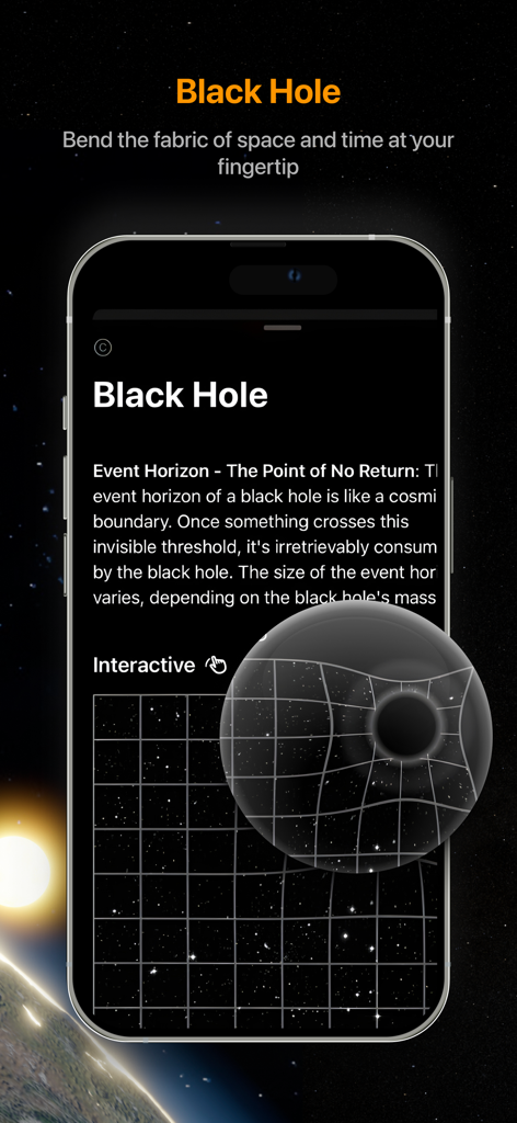 Función educativa interactiva de agujero negro en la aplicación Space Gate AR Solar System.