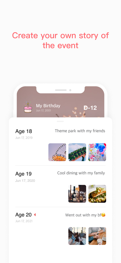 TheDayBefore (days countdown) - A screenshot showing a digital memory book feature within the app where a user has recorded birthday photos and milestones from age 18 to 20 in a vertical timeline