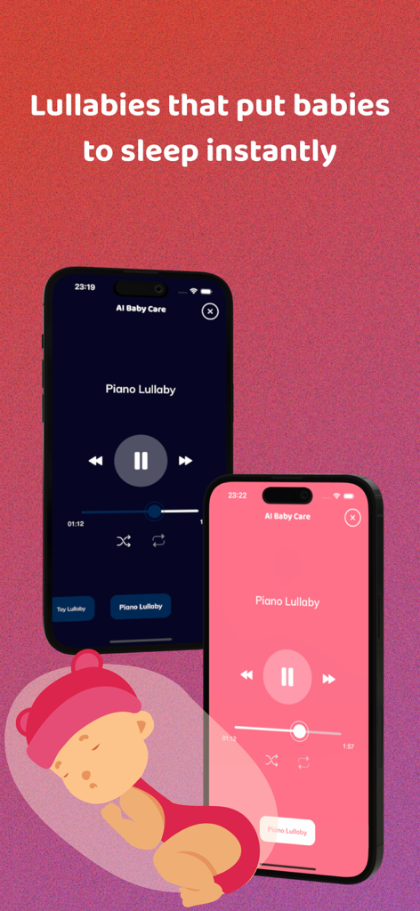 AI Baby Care app interface showing the piano lullaby player and a sleeping baby illustration