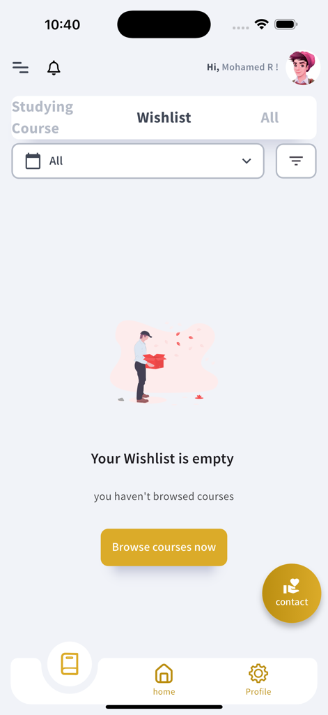 Physics With Mo ali - Una pantalla de lista de deseos vacía en la aplicación móvil Physics With Mo Ali con un botón para explorar cursos.