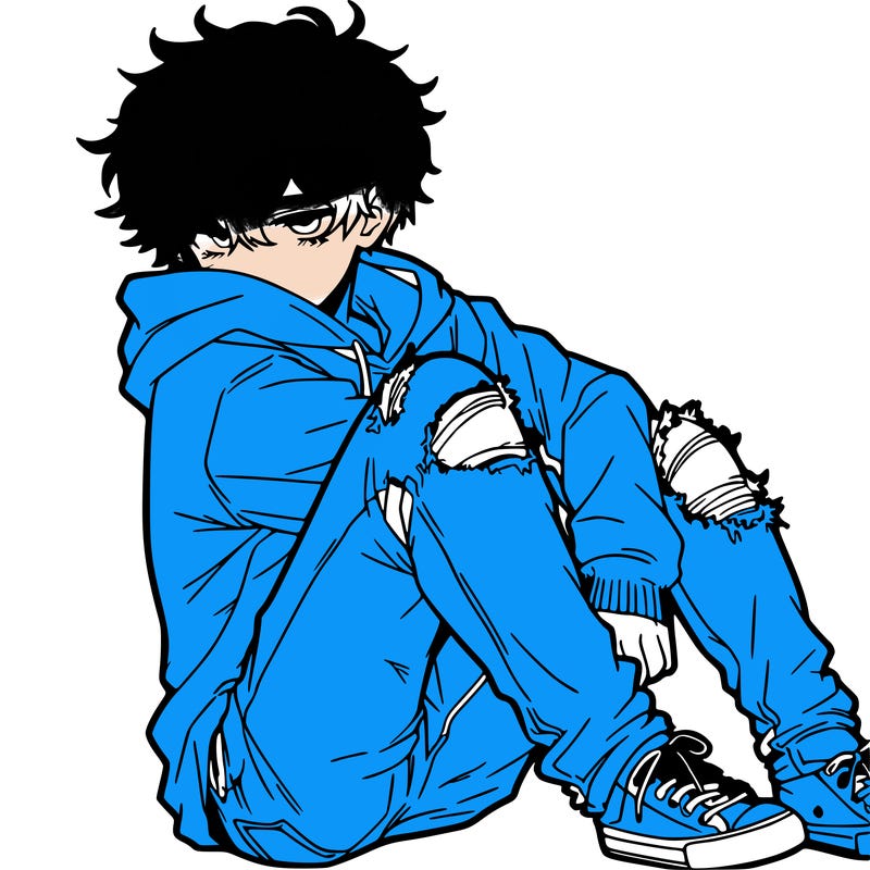 a male hoddie ripped jeans messy hair anime