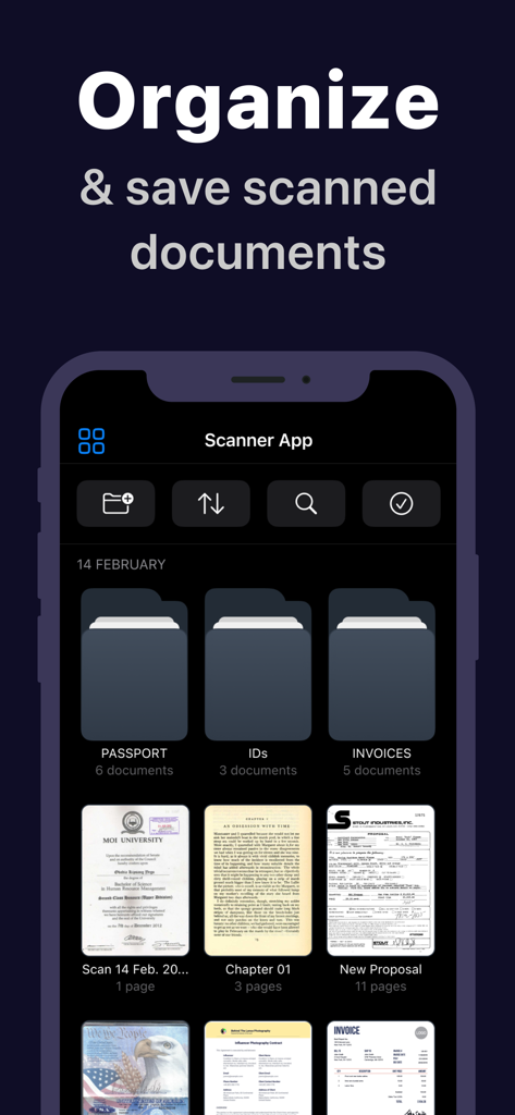 Mobile phone screen displaying document organization folders and scanned files in the Scanner App