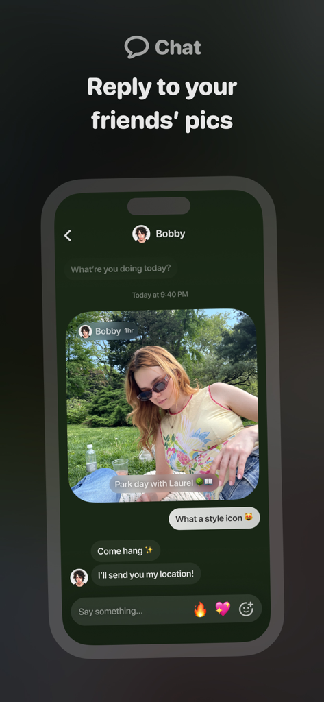 A screenshot of the Locket Widget chat interface showing a user replying to a friend's photo with text and emojis.