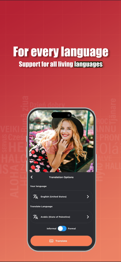 Captiono: AI Subtitles - Captiono App-Oberfläche zeigt Optionen für die mehrsprachige Untertitelübersetzung von Englisch nach Arabisch
