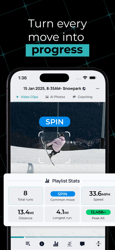 Flowstate - Interface do aplicativo Flowstate mostrando detecção de manobras de snowboard por IA e um painel com estatísticas de desempenho como velocidade e distância.