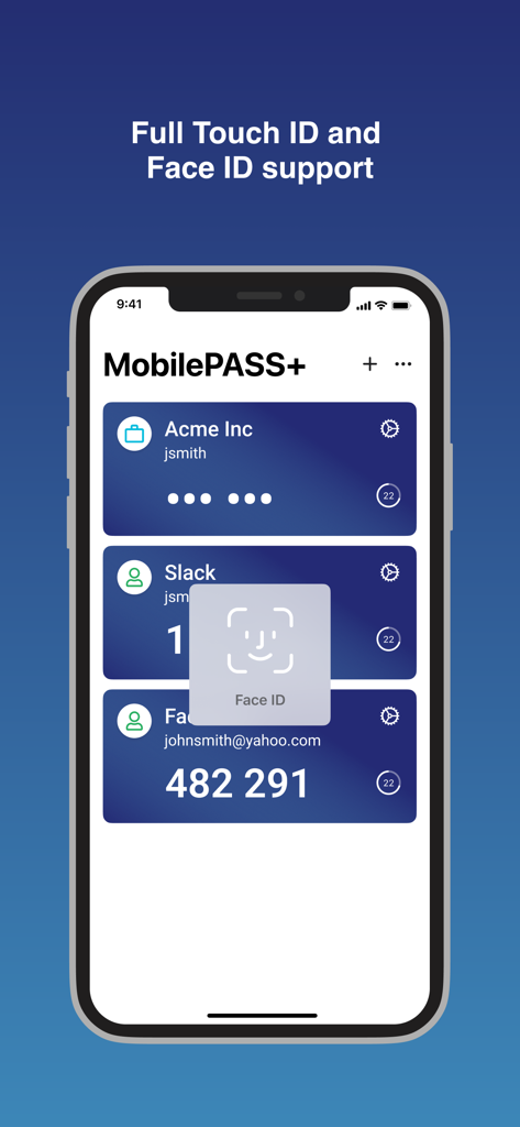 SafeNet MobilePASS+ - SafeNet MobilePASS app interface showing Face ID biometric authentication for secure account login