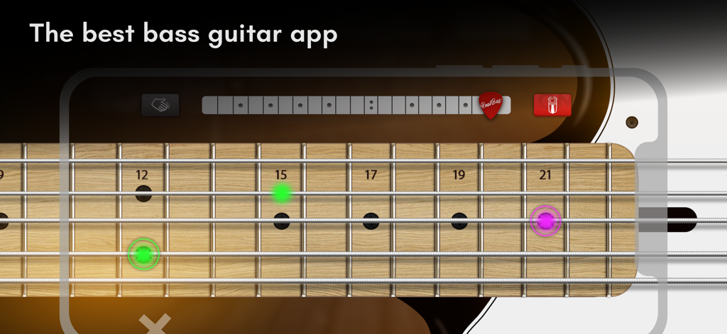 Real Bass electric bass guitar - Real Bass app showing a digital bass guitar fretboard with colored note markers on a smartphone screen