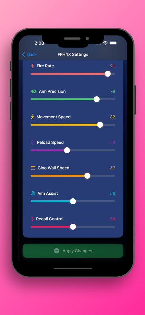 Adjustable gaming sensitivity and performance sliders in the FFH4X Pro mobile app interface