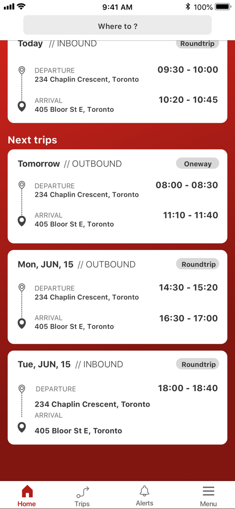 Wheel-Transアプリの画面。トロントでの inbound および outbound の今後の旅行、出発および到着住所を表示。