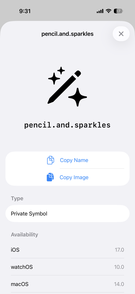 Vista detallada del SF Symbol de lápiz y chispas en la aplicación Symbols Finder que muestra la disponibilidad del sistema operativo