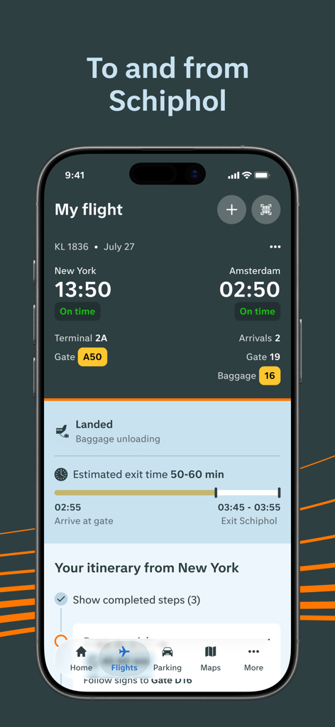 Schiphol Amsterdam Airport - スキポールアプリのフライト旅程画面。ニューヨークからアムステルダムへのフライトのリアルタイム詳細を表示。