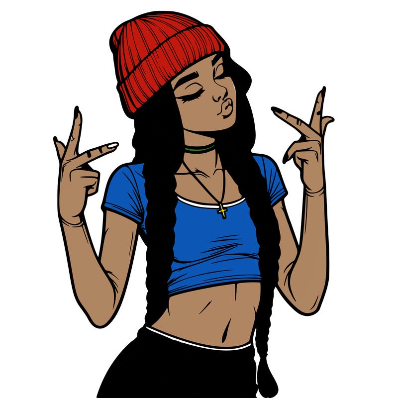 realistic teenage girl with braids and a beanie and crop top doing 🫶🏼